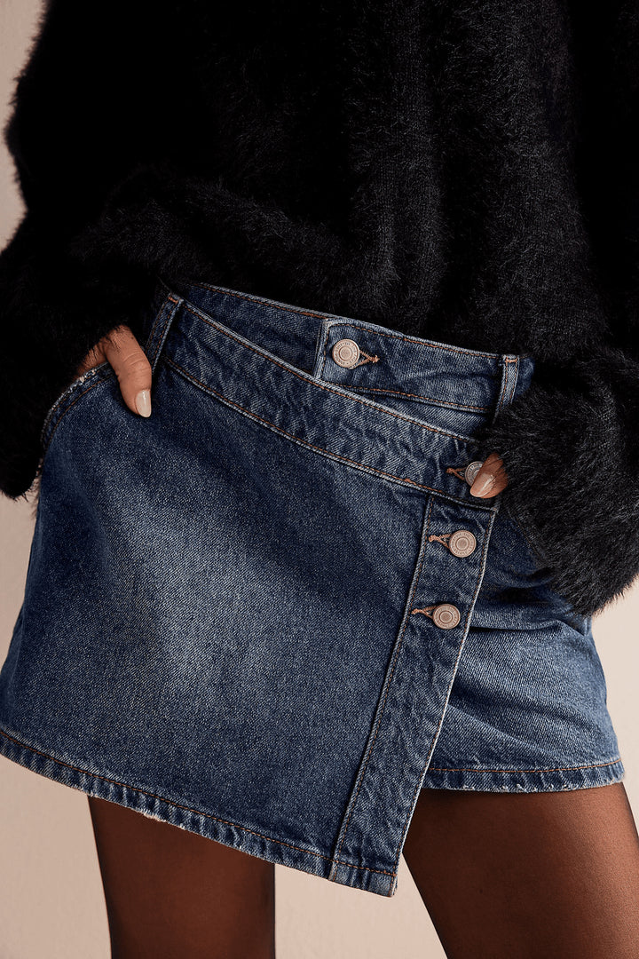 Dame mode A-linje denim nederdel med asymmetrisk knapdesign og praktiske lommer Skovae