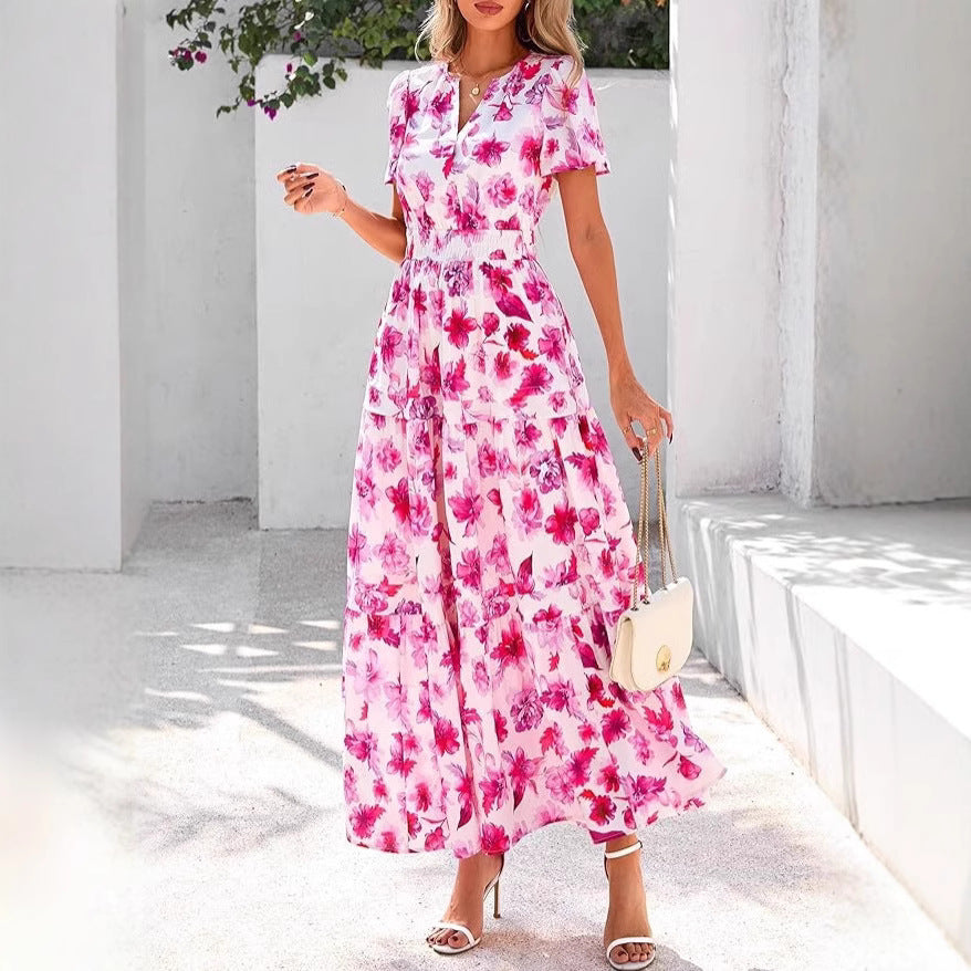 Dame Maxikjole med blomsterprint og elastisk talje Stilla