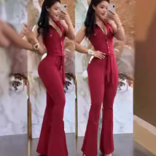 Dame Elegant Flared Jumpsuit med Knapdetaljer Skovae