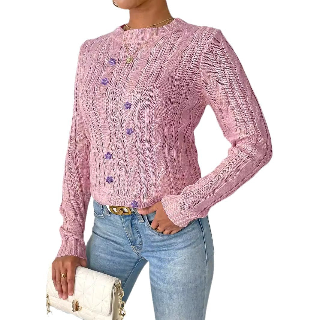 Damer Stor strikpullover med dekorative blomsterapplikationer Stilla