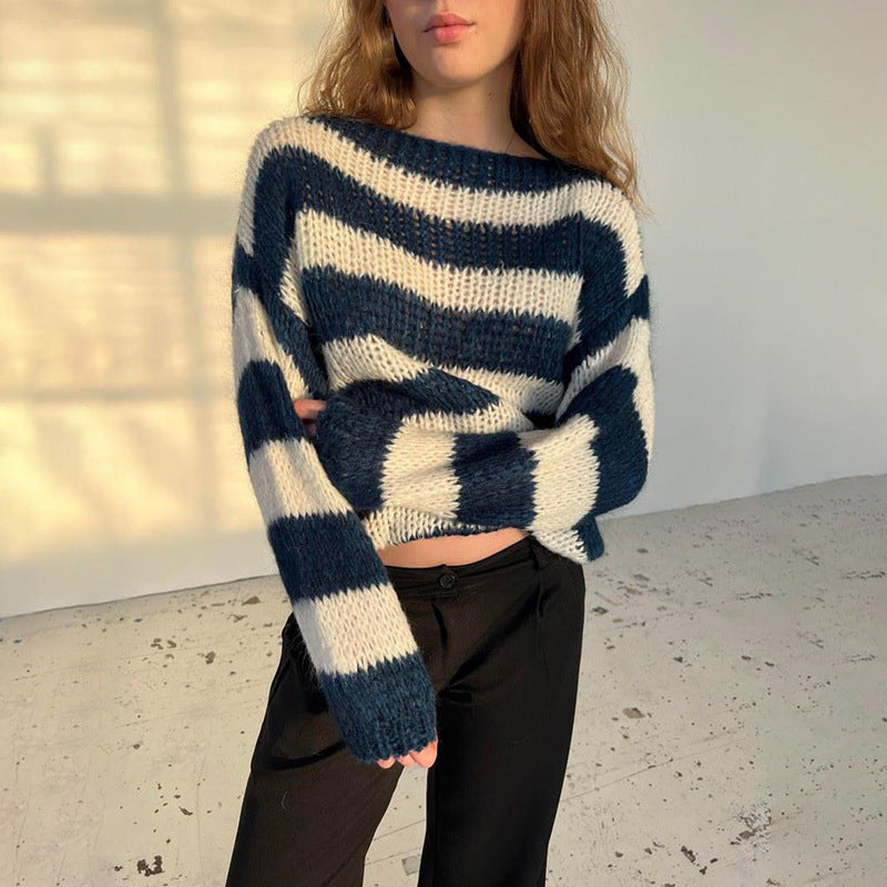 Dame afslappet strikket sweater med asymmetrisk snit og stribemønster Stilla