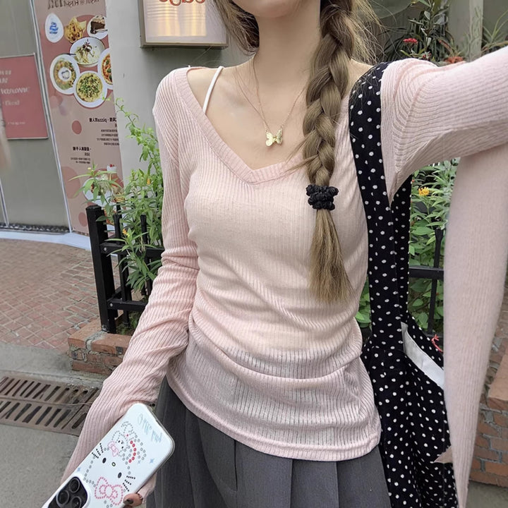 Damer langærmet ribbet T-shirt med elegant V-hals Stilla