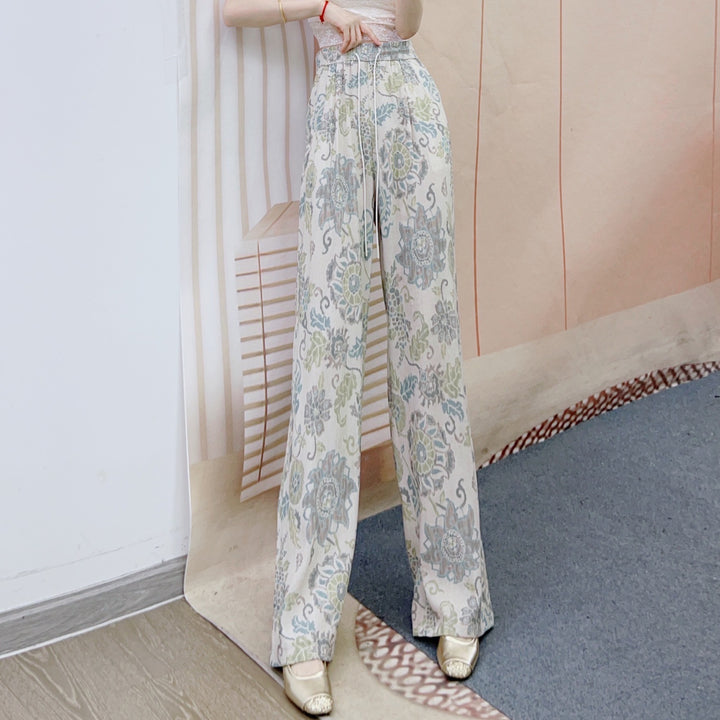 Dame brede bukser med blomster jacquard-mønster og elastisk talje Stilla