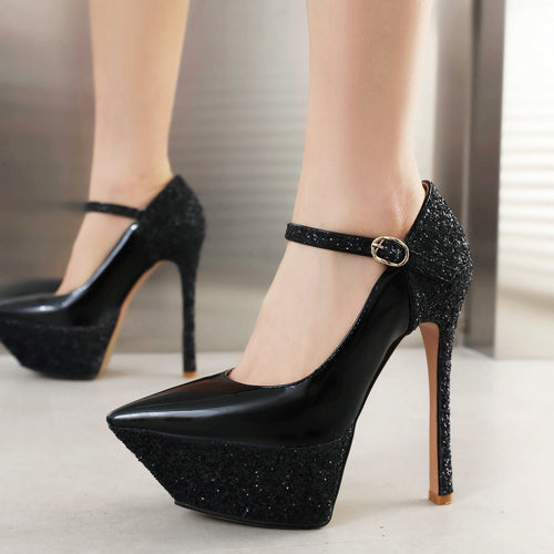 Femme Funklende Højhælede Plateau-Pumps med Ankelrem Stilla