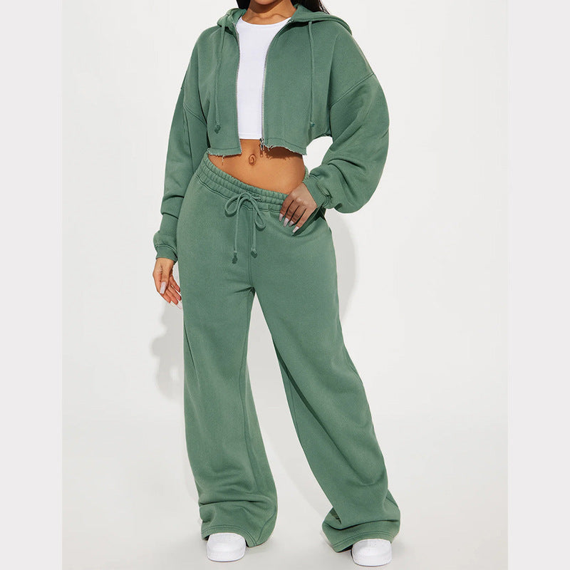 Kvinder casual cropped hoodie og brede joggingbukser sæt Skovae