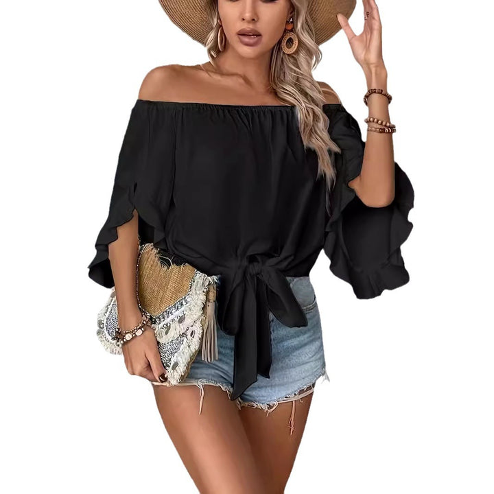 Dame off-shoulder bluse med flæsedetaljer og taljebinding Skovae