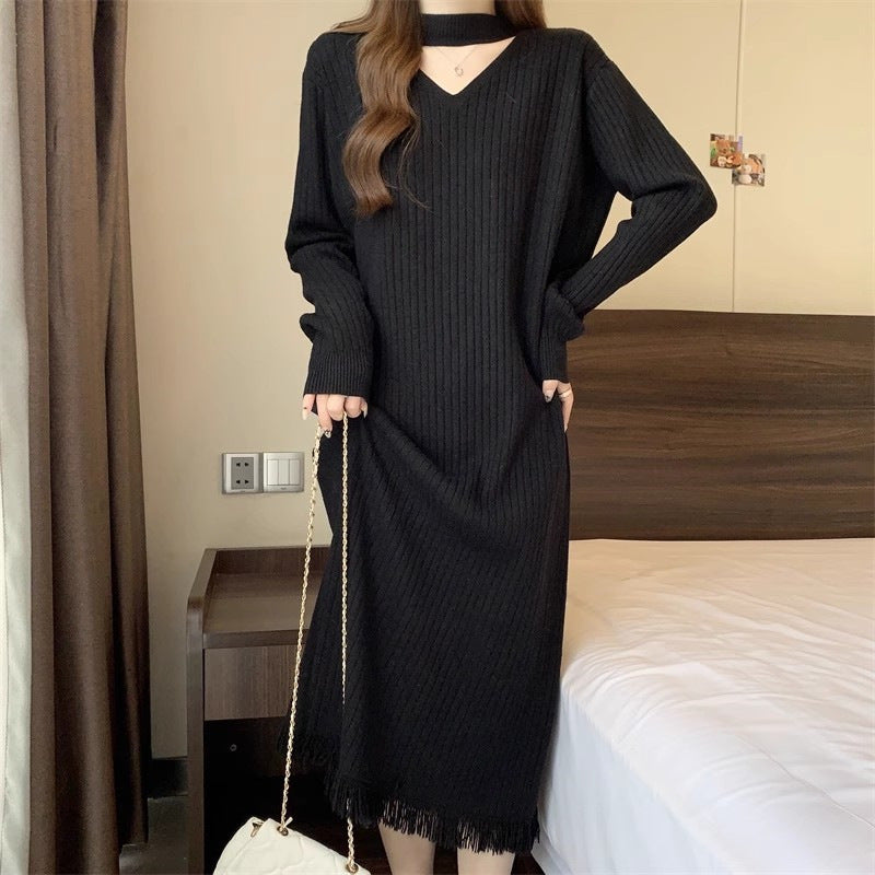 Dame High-Comfort Ribstrik Midi Kjole med Frynse-Detalje Stilla