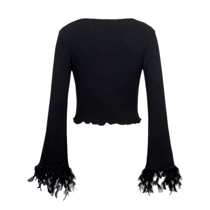 Dame moderigtig crop-pullover med raffinerede fjer på ærmerne Stilla