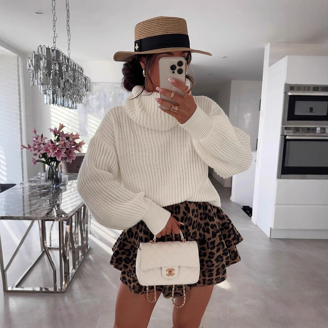 Kvinders chunky strikket sweater med høj krave og bredskårede ærmer Stilla