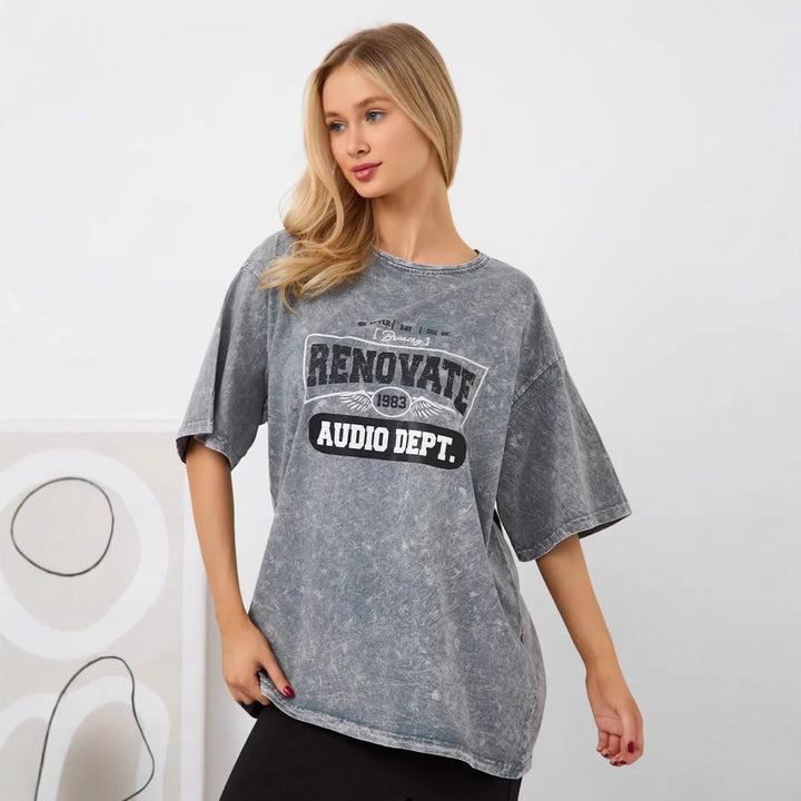 Dame Oversized T-shirt med afslappet vintage-print og urban skrift Stilla