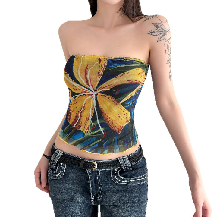 Dame bandeau-top med farverigt blomsterprint og elastisk kant Skovae