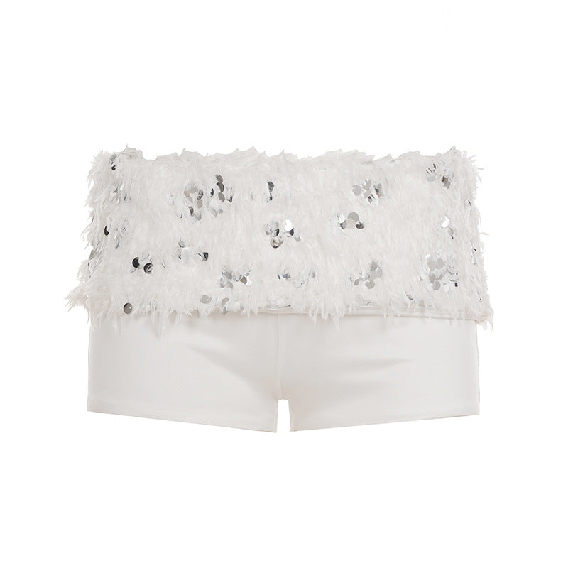 Dame spids crop top med glitrende pailletter Skovae