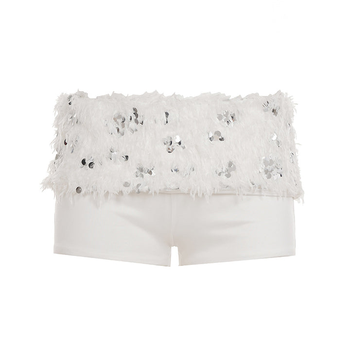 Dame spids crop top med glitrende pailletter Skovae