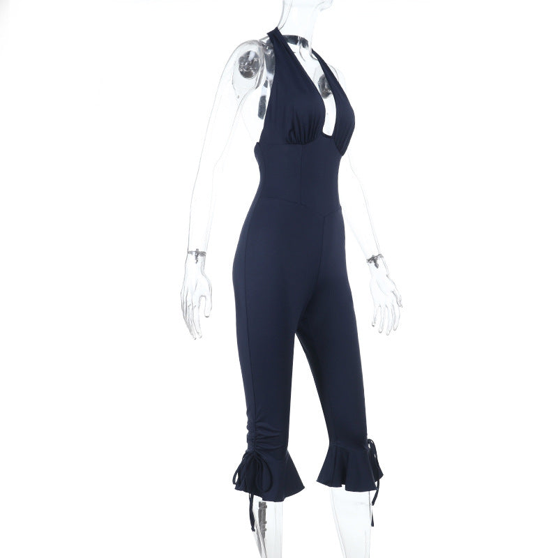 Dame Elegant Jumpsuit med høj lukket design og flæsedetaljer Skovae