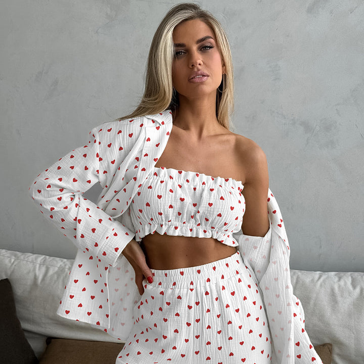 Dame Cropped Top og Nederdel-Sæt med Hjerte Motiv og Luftig Pasform Stilla