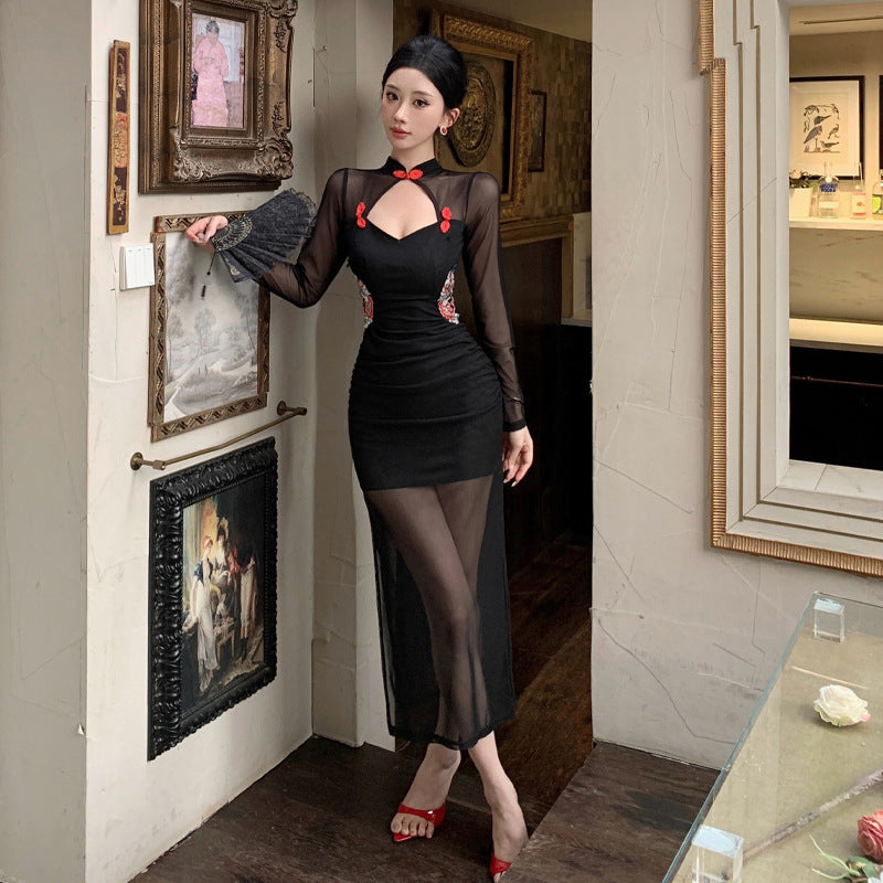 Stilla | Eksklusiv Mesh Hul Blonde Broderet Qipao Kjole