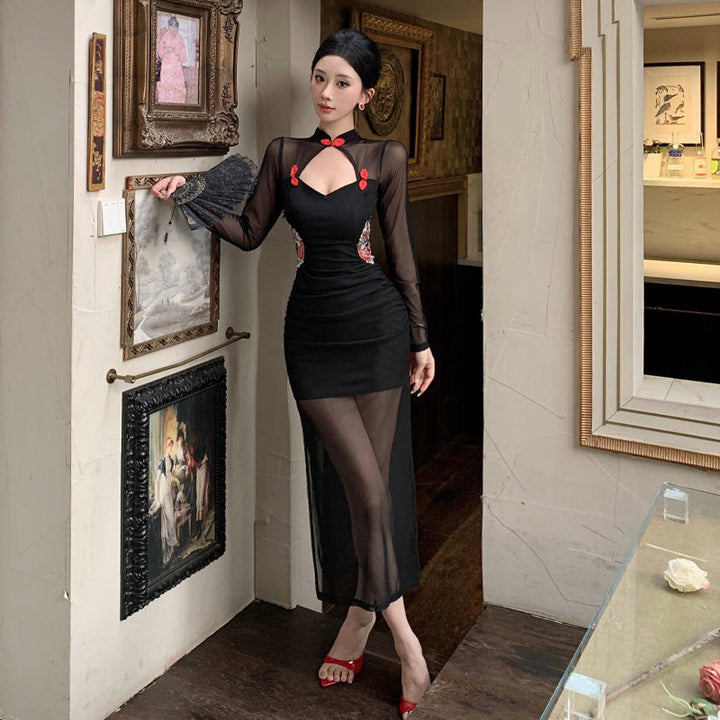 Stilla | Eksklusiv Mesh Hul Blonde Broderet Qipao Kjole