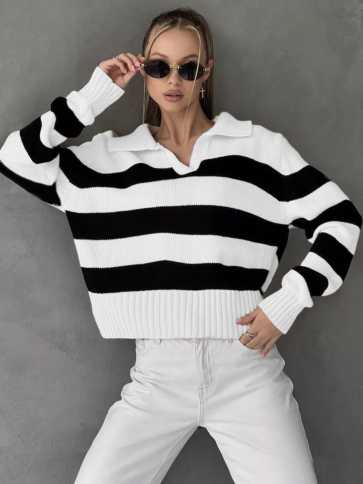 Kvinders sporty sweater med stribet mønster og krave Stilla