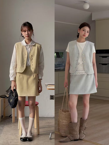 Dame alsidig 2-i-1 sæt bestående af ærmeløs blazer og elegant nederdel Stilla
