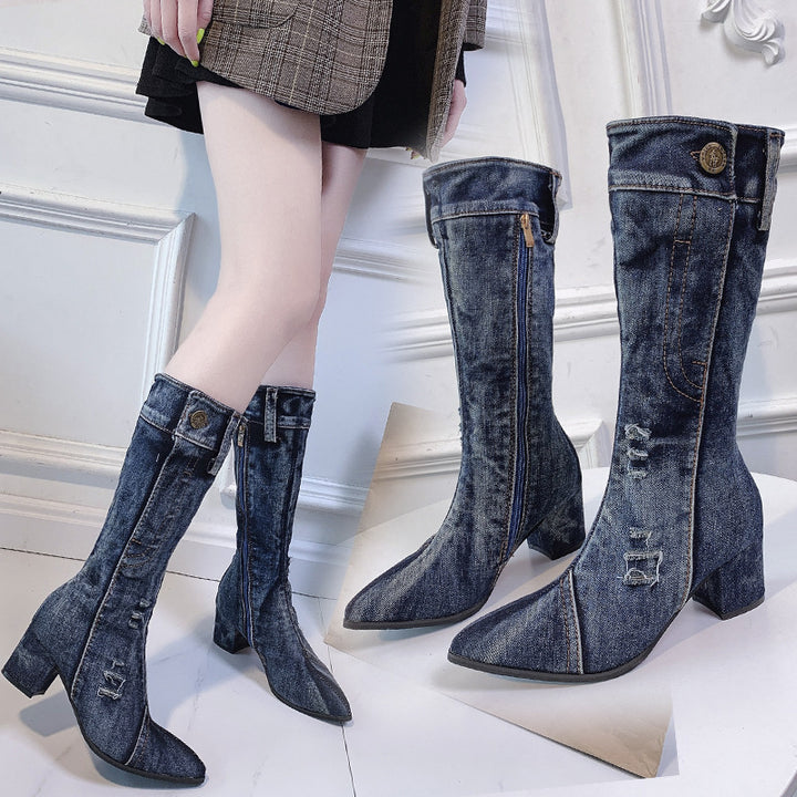 Dame Høje Støvler i robust Denim med elegant snit Stilla