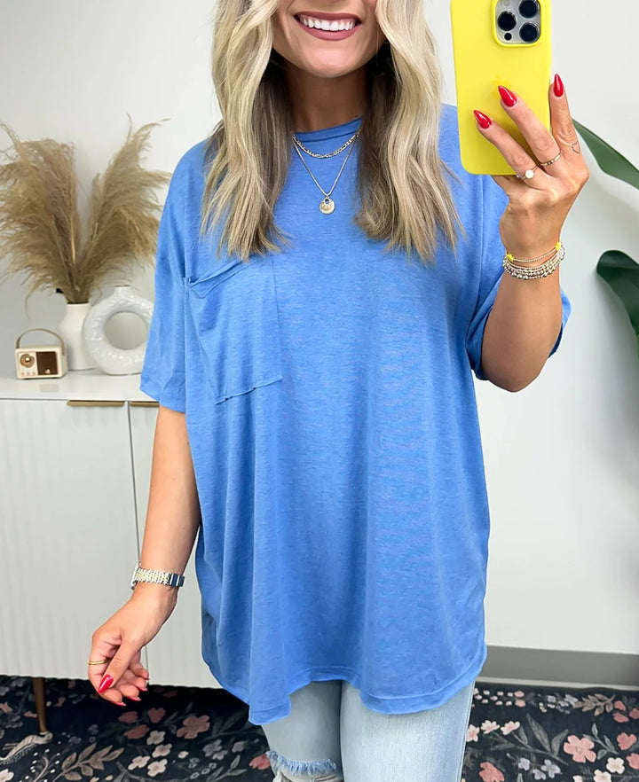 Dame behagelig oversized T-shirt med brystlomme i let stof Stilla