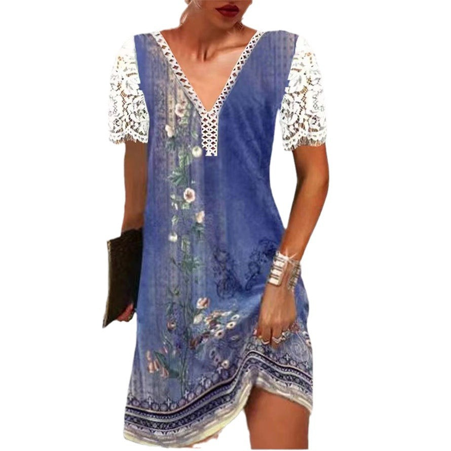 Stilla | Elegant Print Blondeærme V-Hals Kjole