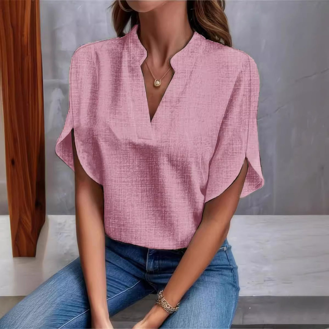 Dame elegant kortærmet bluse med smart ståkrave og luftig snit Stilla