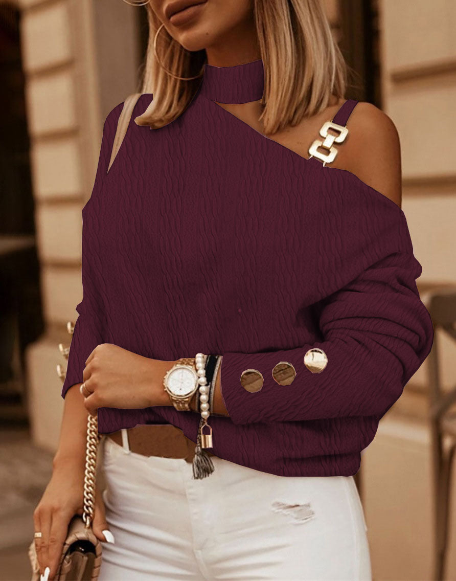 Dame Off-Shoulder Pullover med unikt design og dekorative knapdetaljer Stilla
