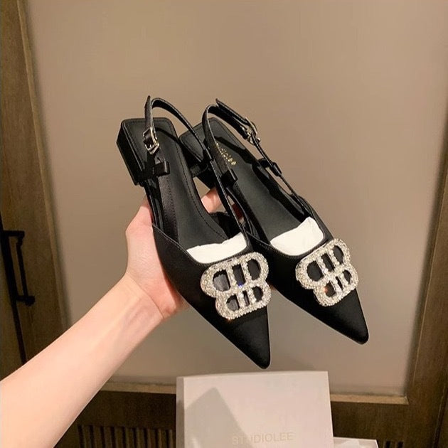 Kvinder Elegant Slingback Spids Tå Ballerinaer med Rhinsten Spænde Detalje Stilla