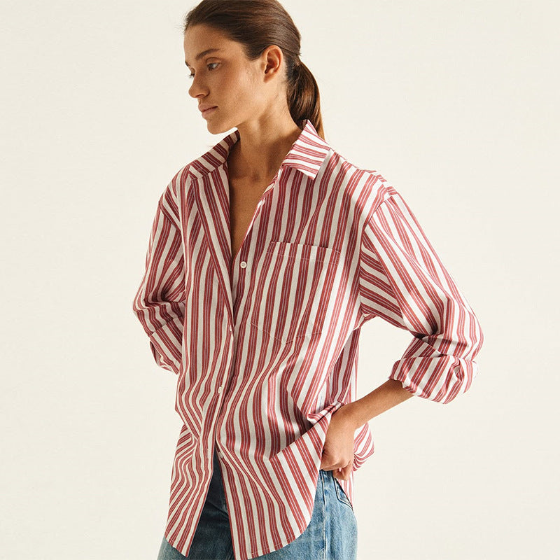Dame Casual Oversized Skjorte med stribet design og praktiske brystlommer Stilla