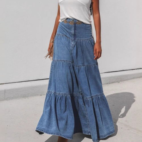 Dame Denim Maxikjole i Boho-stil med volumniøst skørt og flæser Stilla