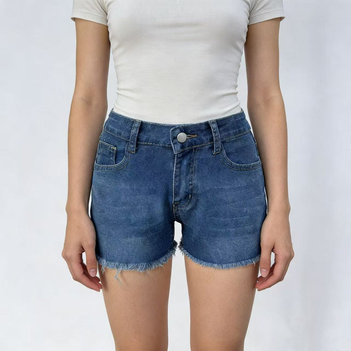 Damer casual jeansshorts med fransede kanten og høj talje Skovae