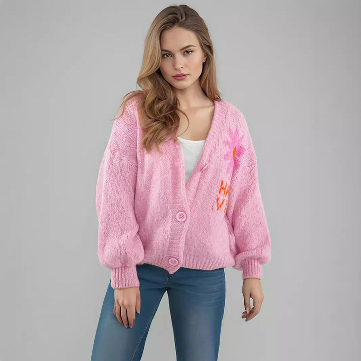 Damer legende cardigan med farverigt blomstermønster og store knapper Stilla