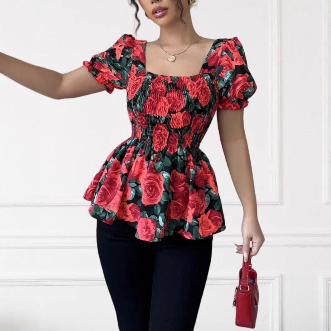 Dame Puffærme Floral Peplum Top Stilla