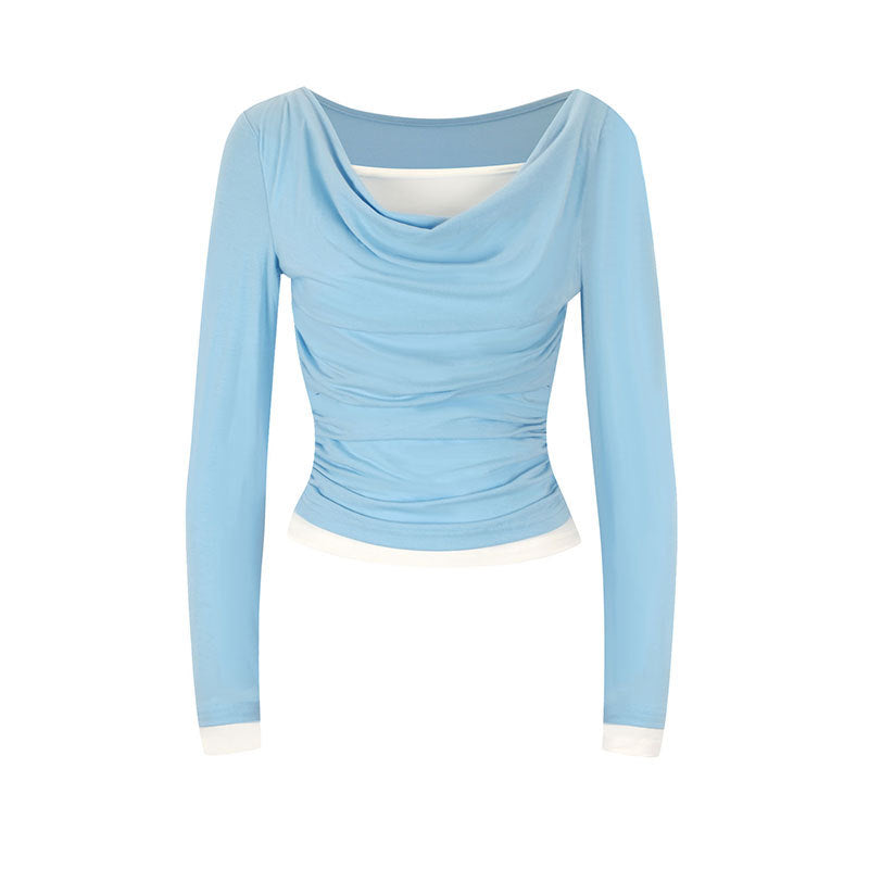Dame figursyet longsleeve med elegant rynkeeffekt og dyb udskæring Skovae