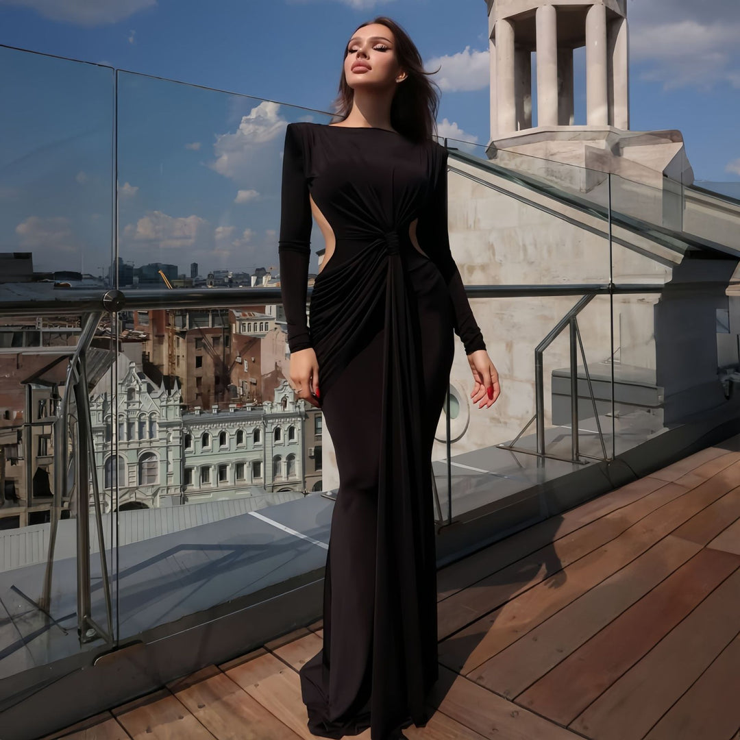 Dame elegant langærmet aftenkjole med kunstnerisk draperingselement Stilla