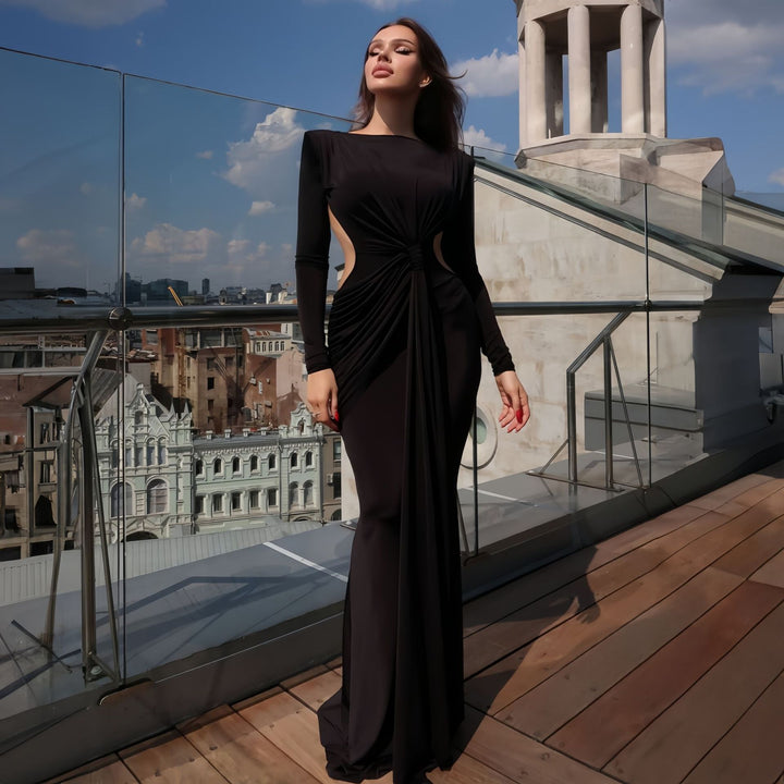 Dame elegant langærmet aftenkjole med kunstnerisk draperingselement Stilla