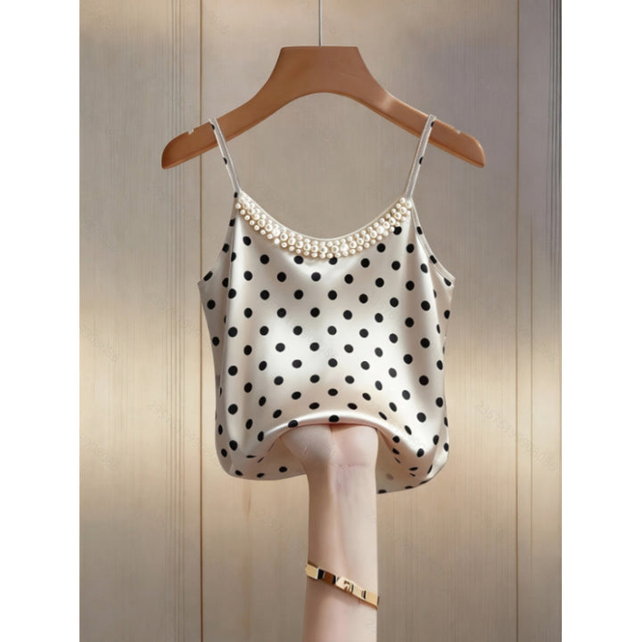 Dame satin top med dekorative perledetaljer Skovae