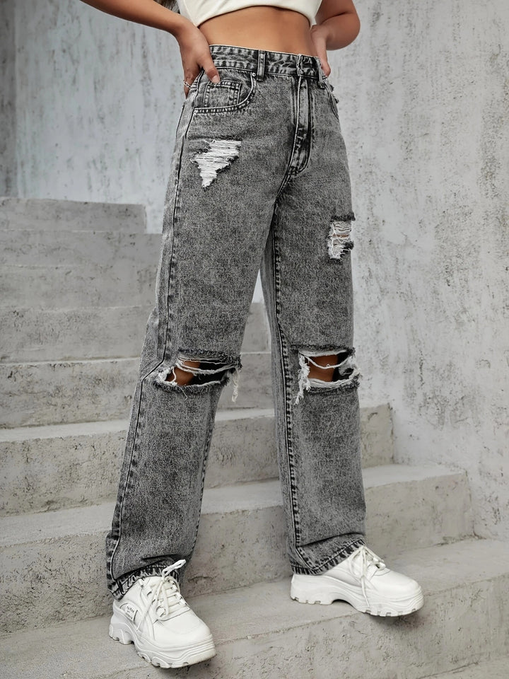 Dame brede Destroyed Jeans med afslappet pasform og stilfulde revnedetaljer Stilla