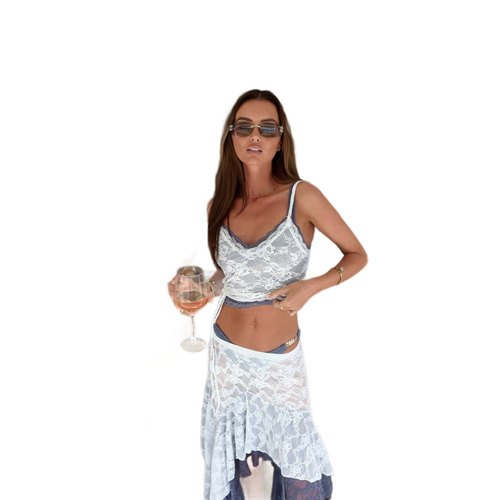 Dame romantisk spidsesæt med crop-top og maxiryg Skovae