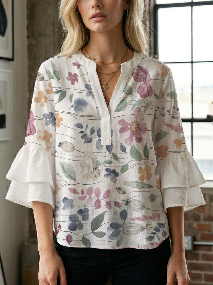 Dame skjorte med voluminøse ærmer og blomsterdesign Skovae