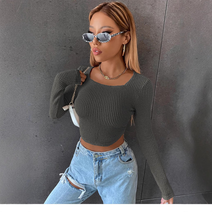 Dame Strik-Crop-Top med lange ærmer og struktureret design Stilla