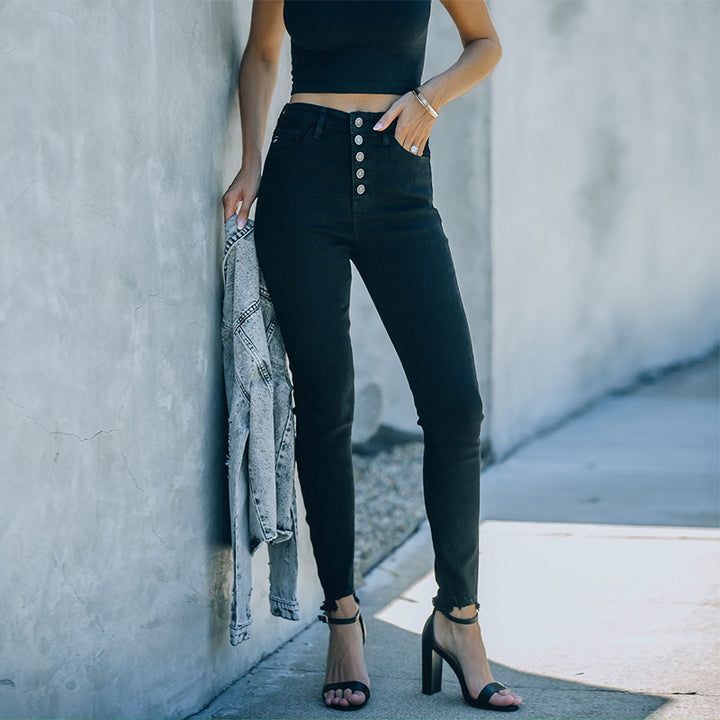 Dame High-Waist Skinny Jeans med autentisk knaplukning og mode fransen afslutning Stilla