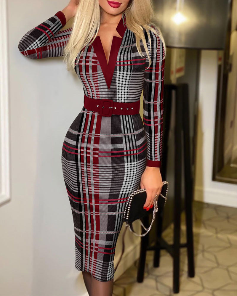 Stilla | Rude-print V-udskæring Bodycon Langærmetkjole