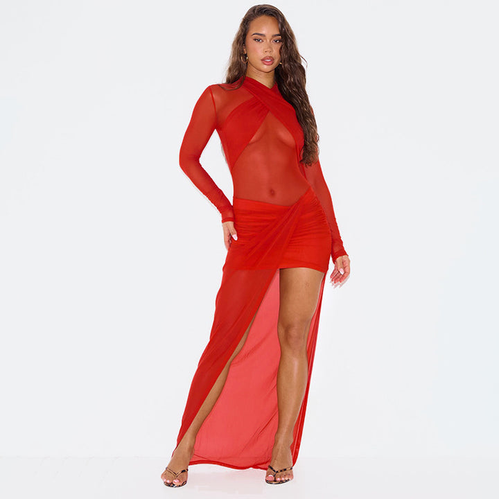 Dame Transparent Maxikjole med Draperinger og højhalset Design Skovae
