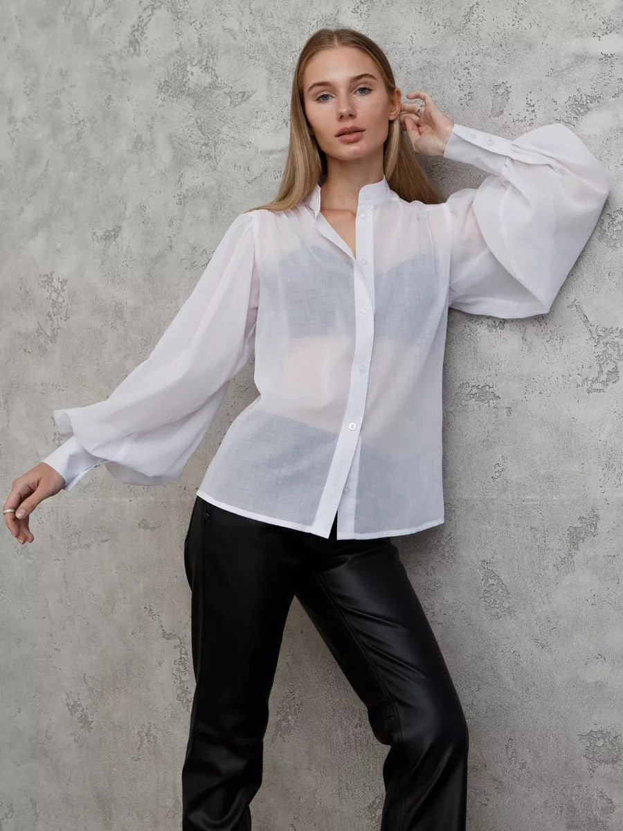 Damer Elegant Bluse med voluminøse Puffærmer og gennemsigtigt Stof Stilla