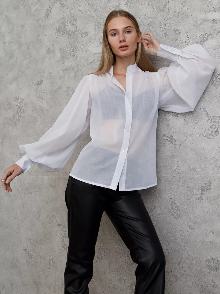 Damer Elegant Bluse med voluminøse Puffærmer og gennemsigtigt Stof Stilla
