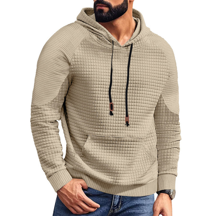 Herren nan kvadratstruktureret hættepullover i quiltet look med kængurulomme, raglanærmer og snor.