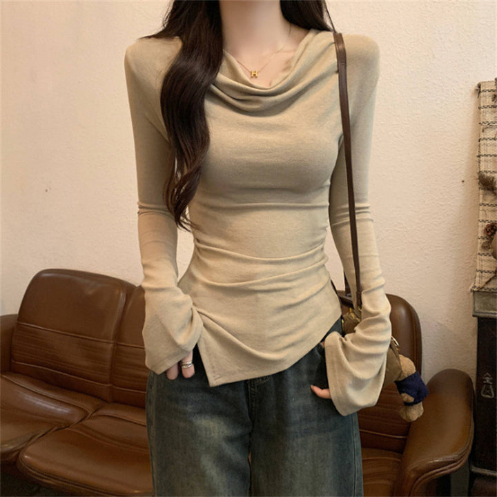 Dame Cowl Neck Langærmet Top med elegant Drapering Detalje Stilla