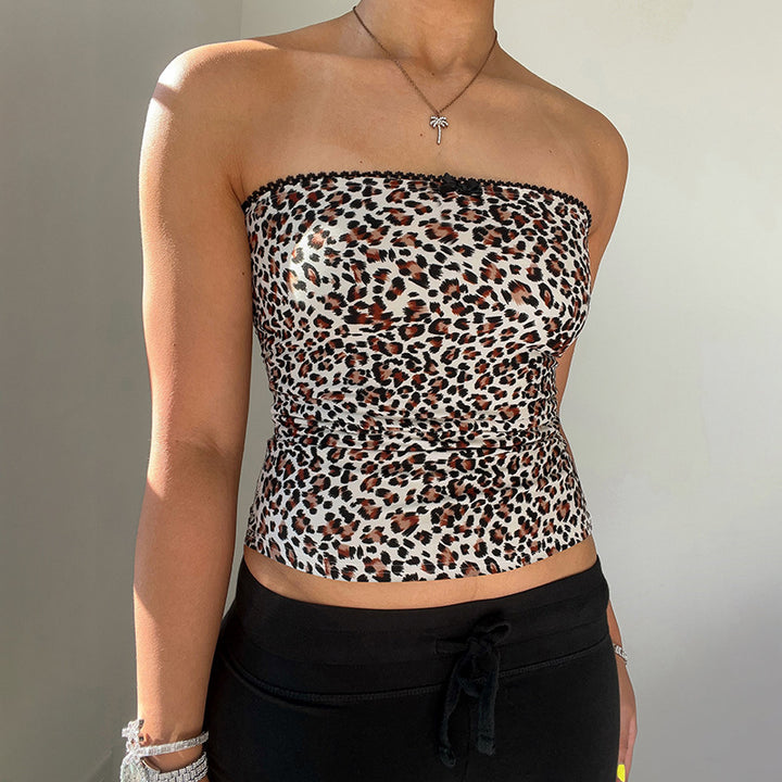 Dame bandeau-top i leopardmønster med fine spaghetti-stropper Stilla